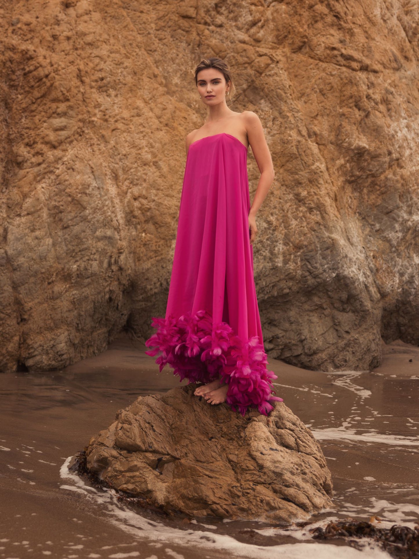 Strapless Flare Feather Hem Gown