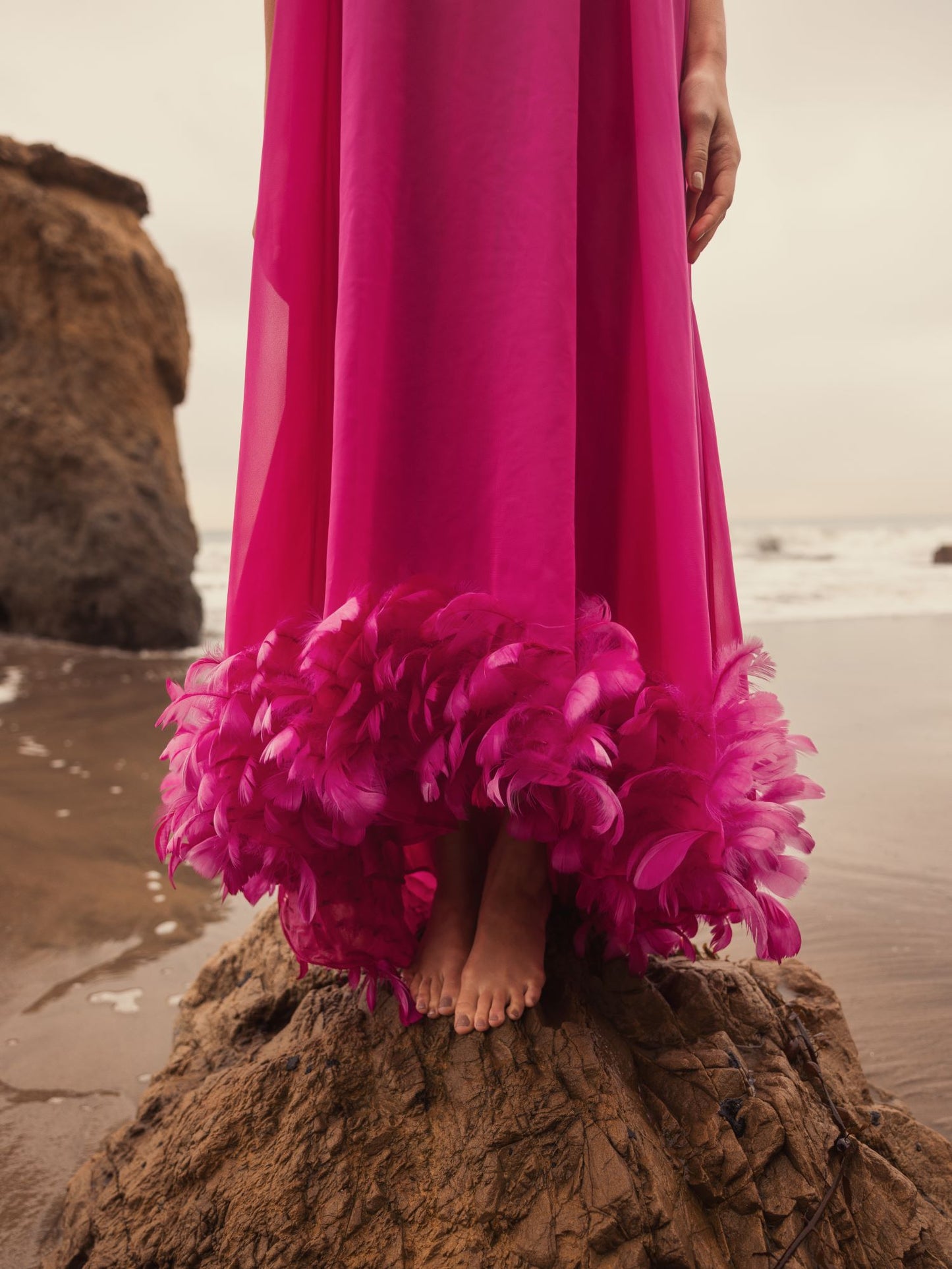 Strapless Flare Feather Hem Gown