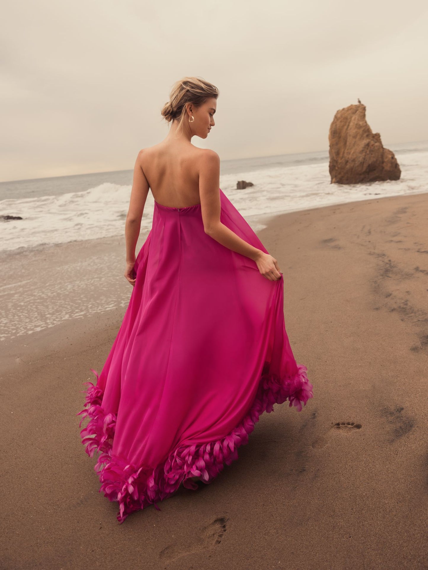 Strapless Flare Feather Hem Gown