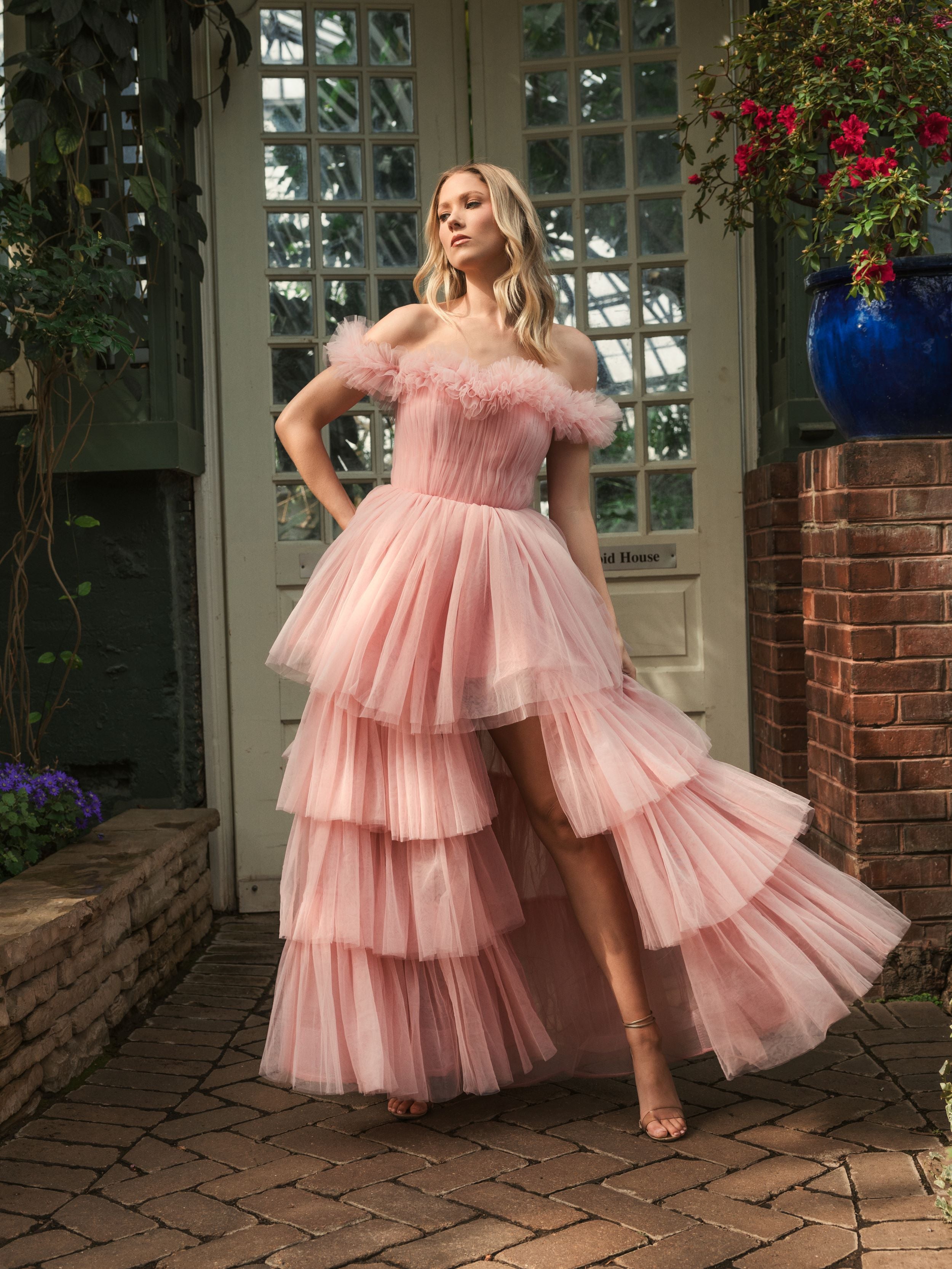 Off-the-Shoulder High-Low Tulle Gown