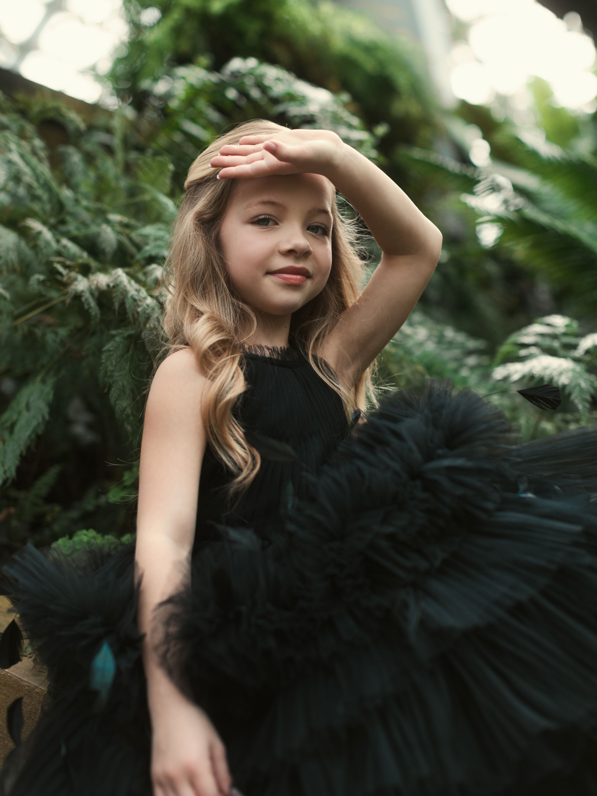 Girls High Neck Tulle Dress with Feather Detail
