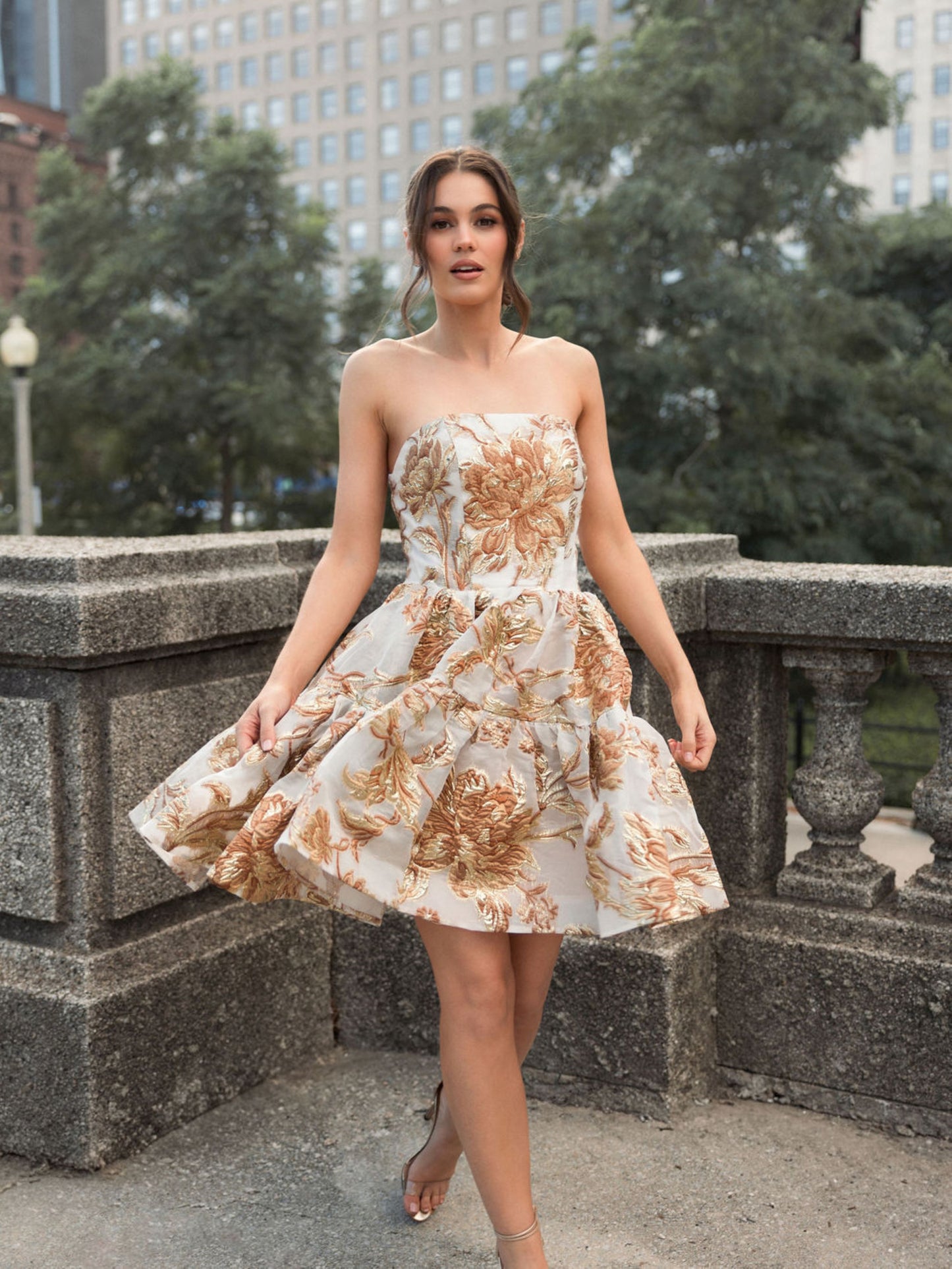 Strapless Brocade Mini Dress with Pockets