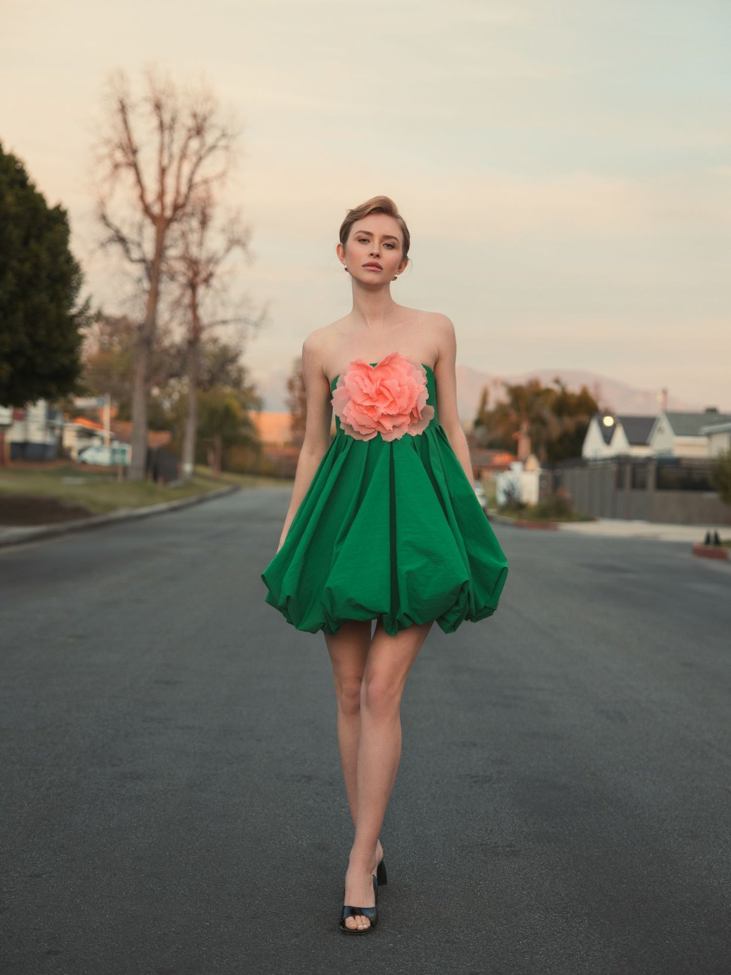 Spring Green Strapless Faille Mini Dress With 3D Flower