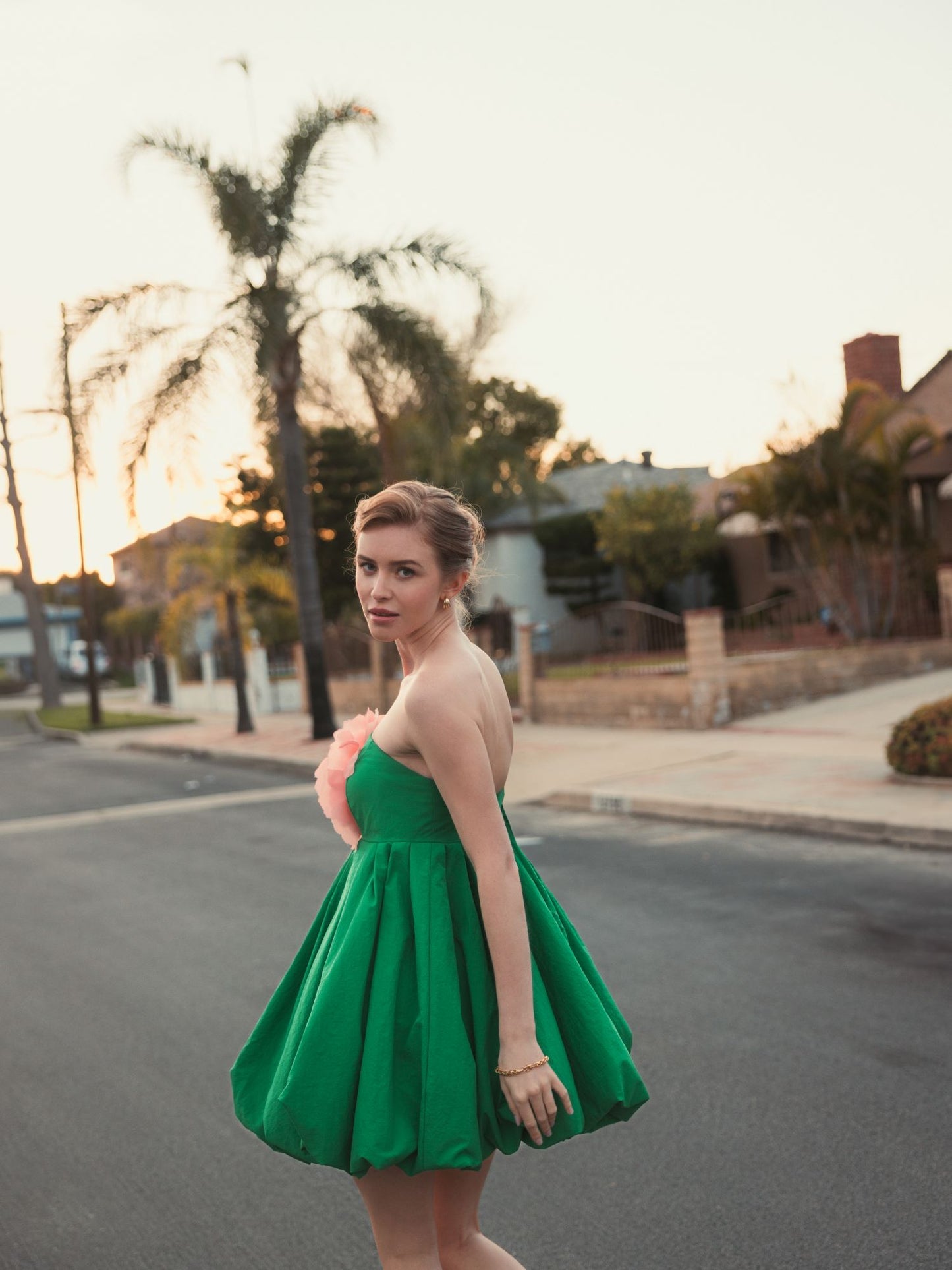 Spring Green Strapless Faille Mini Dress With 3D Flower