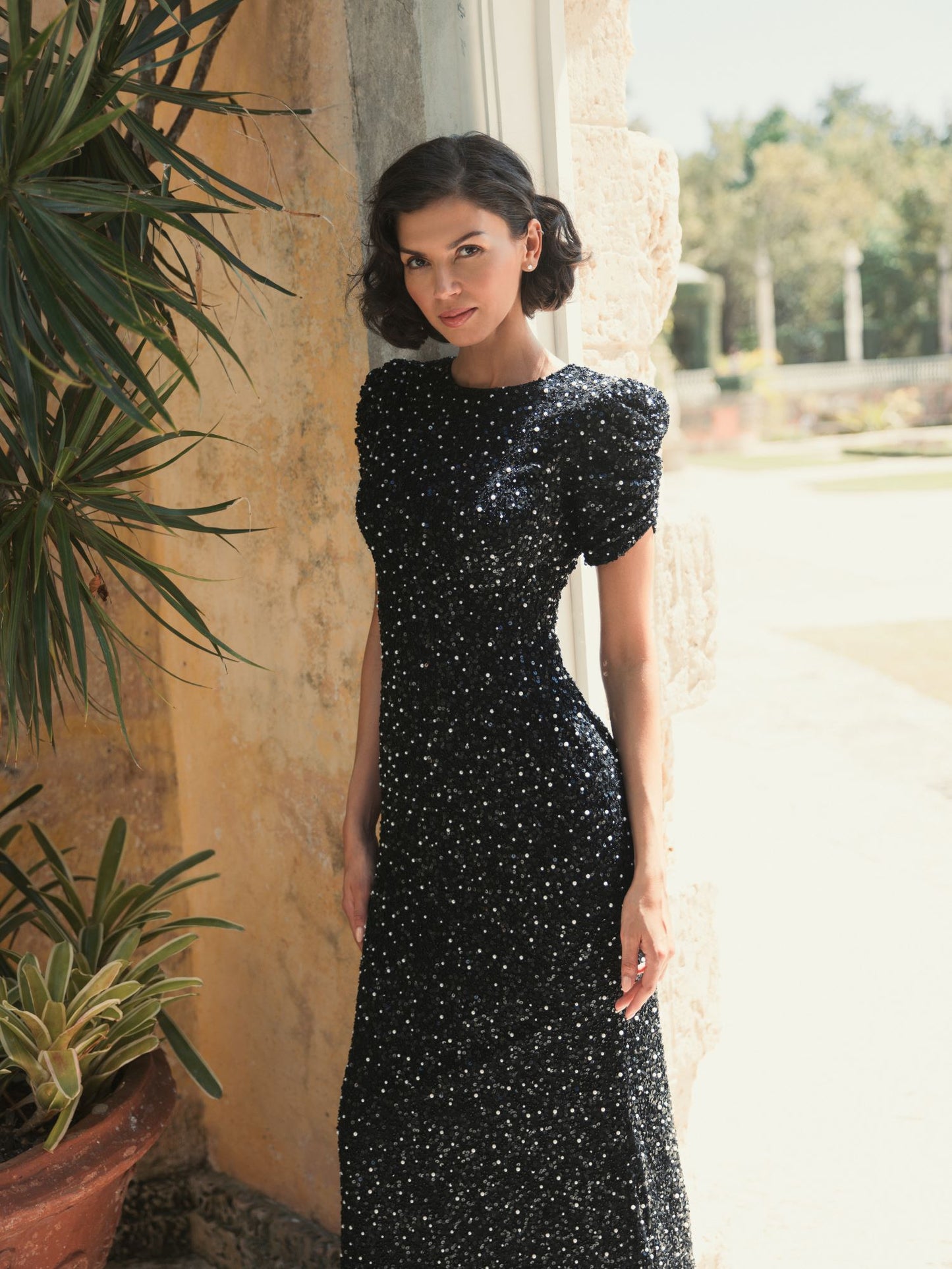 Gathered Short Sleeve Beaded Gown