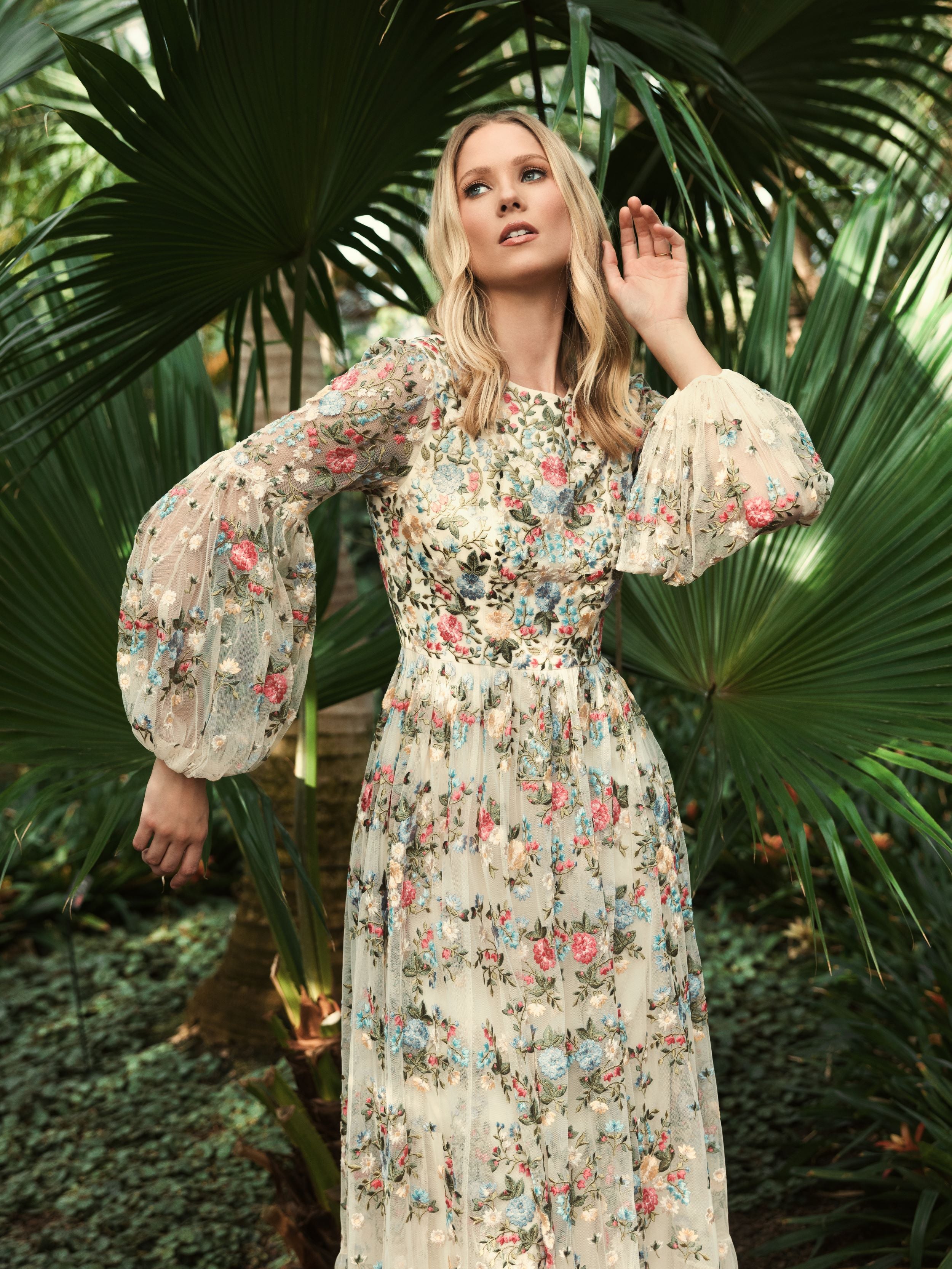 High Neck Floral Embroidered Puff Sleeve Gown