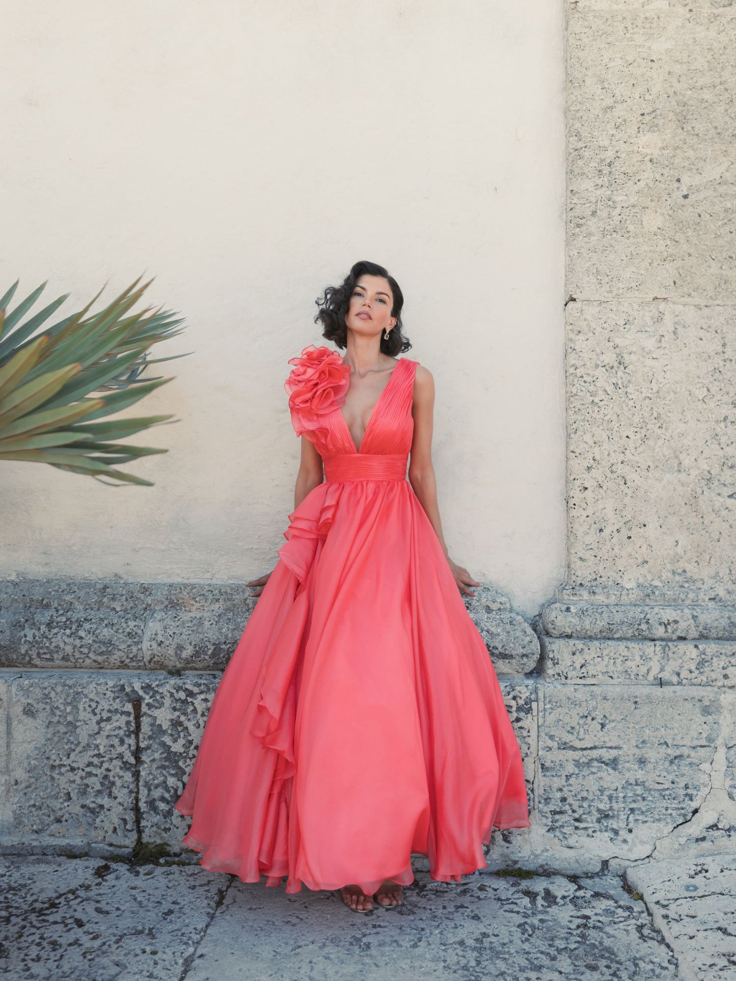 Ruffle Shoulder V-Neck Chiffon Gown