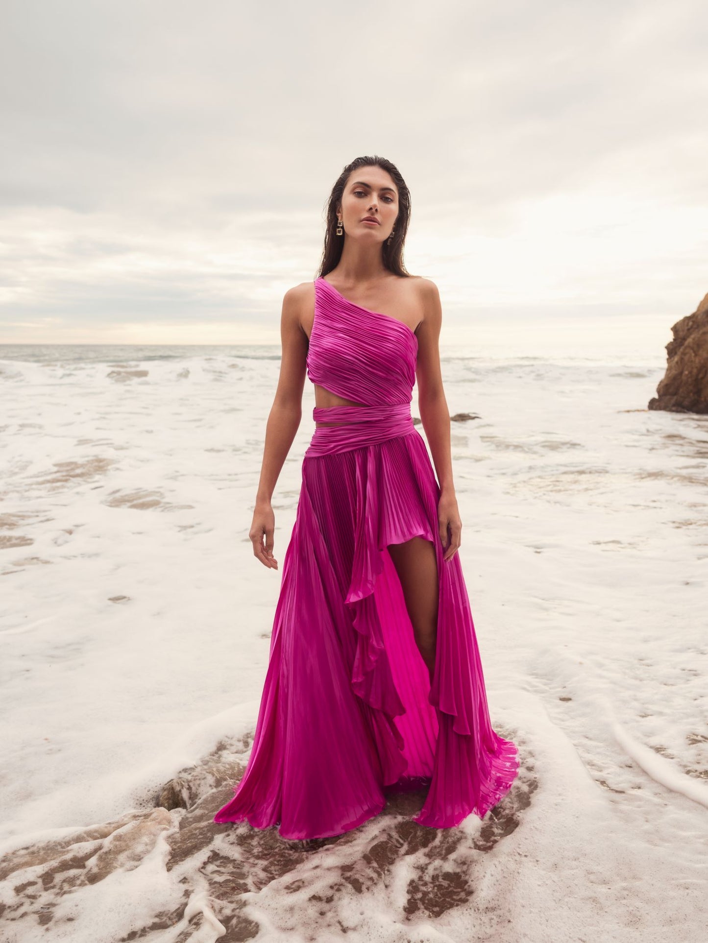 One Shoulder Pleated Charmeuse Gown with Slit