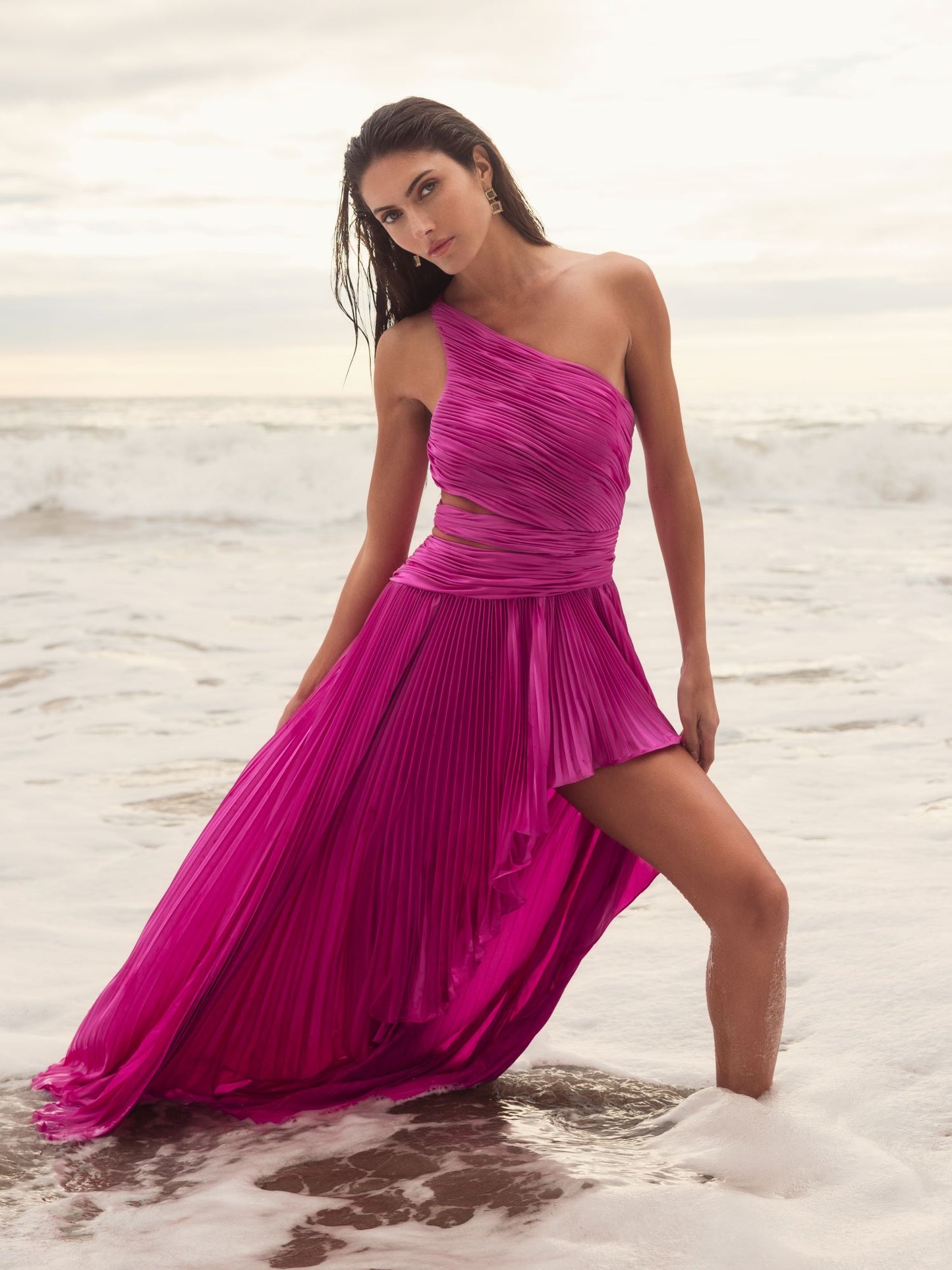 One Shoulder Pleated Charmeuse Gown with Slit