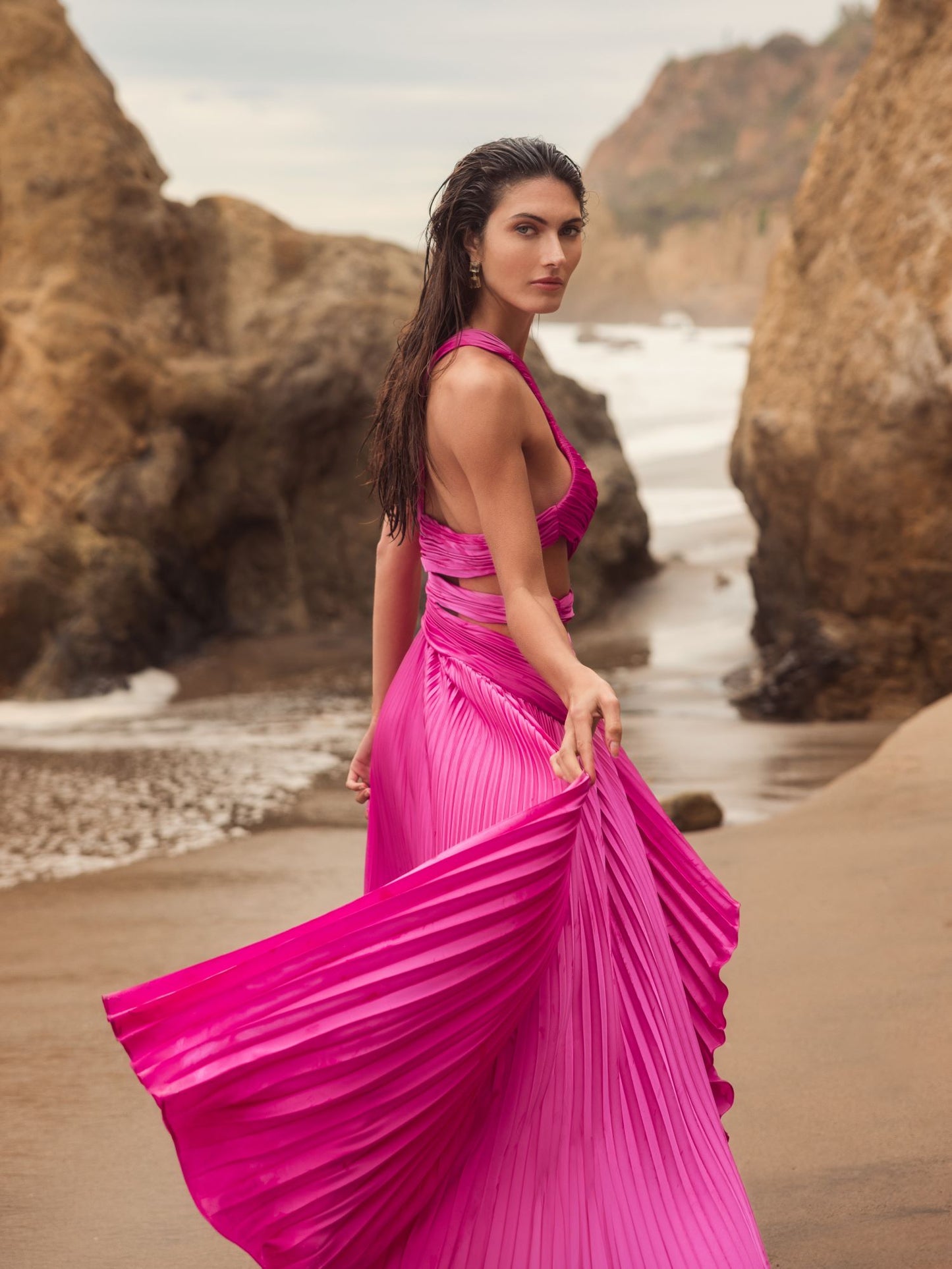 One Shoulder Pleated Charmeuse Gown with Slit