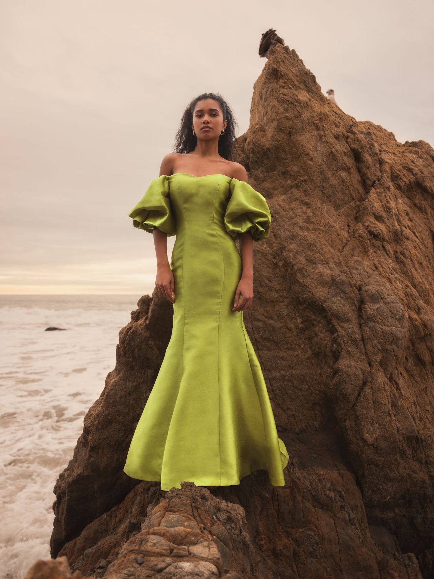 Green Sweetheart Off The Shoulder Puff Sleeve Gown