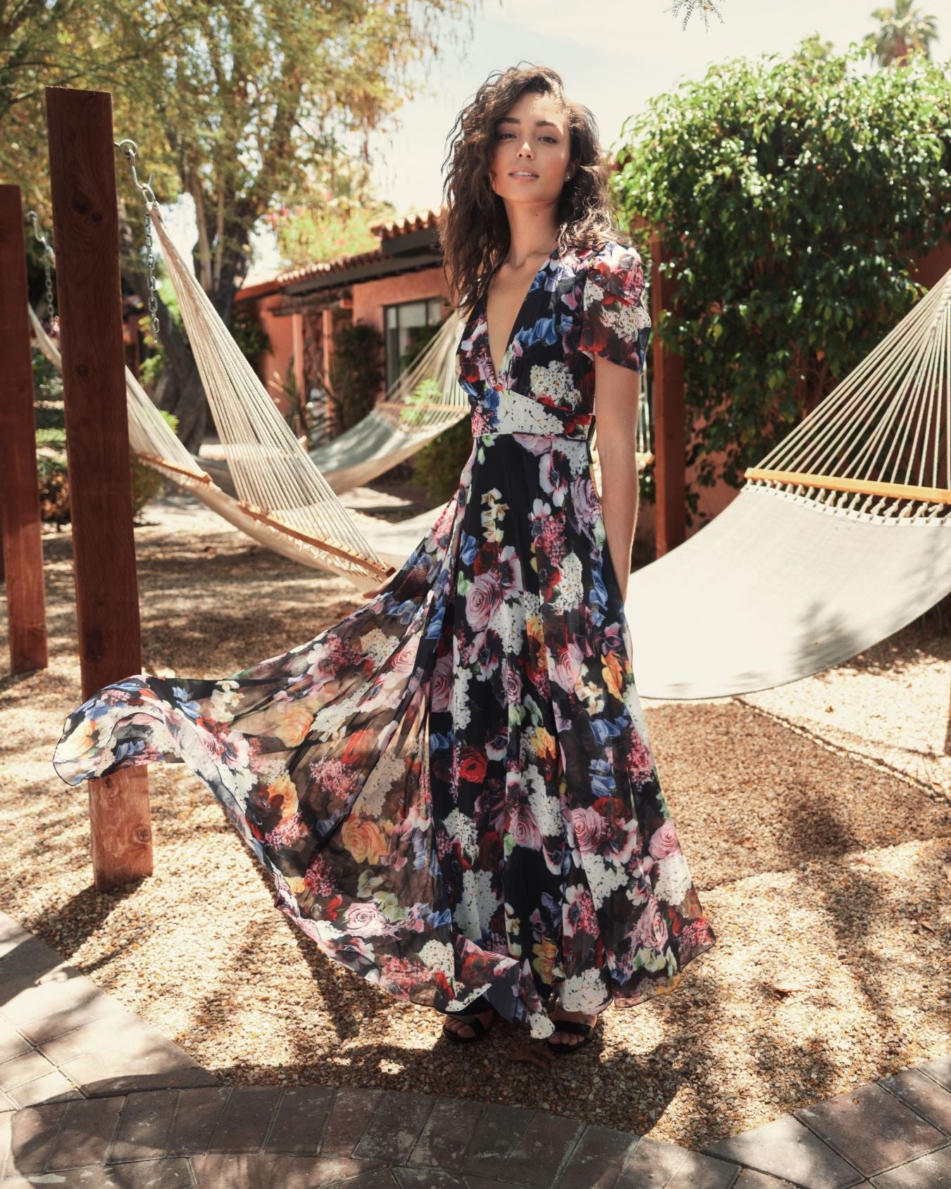 Floral Print Mesh Cap Sleeve Gown