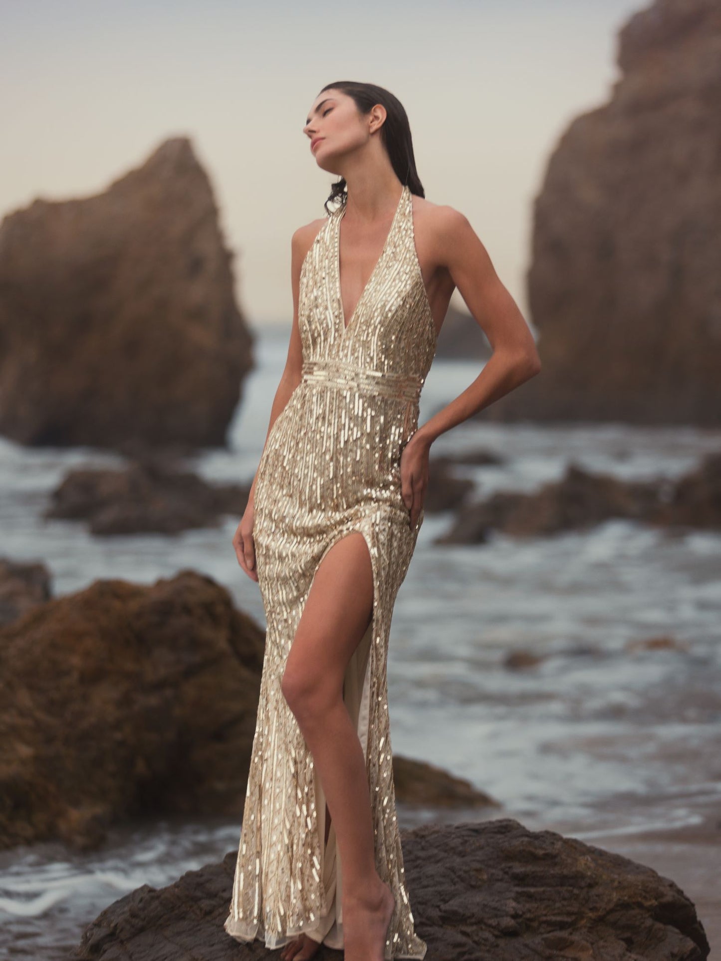 Sequined Halter Strap Trumpet Gown