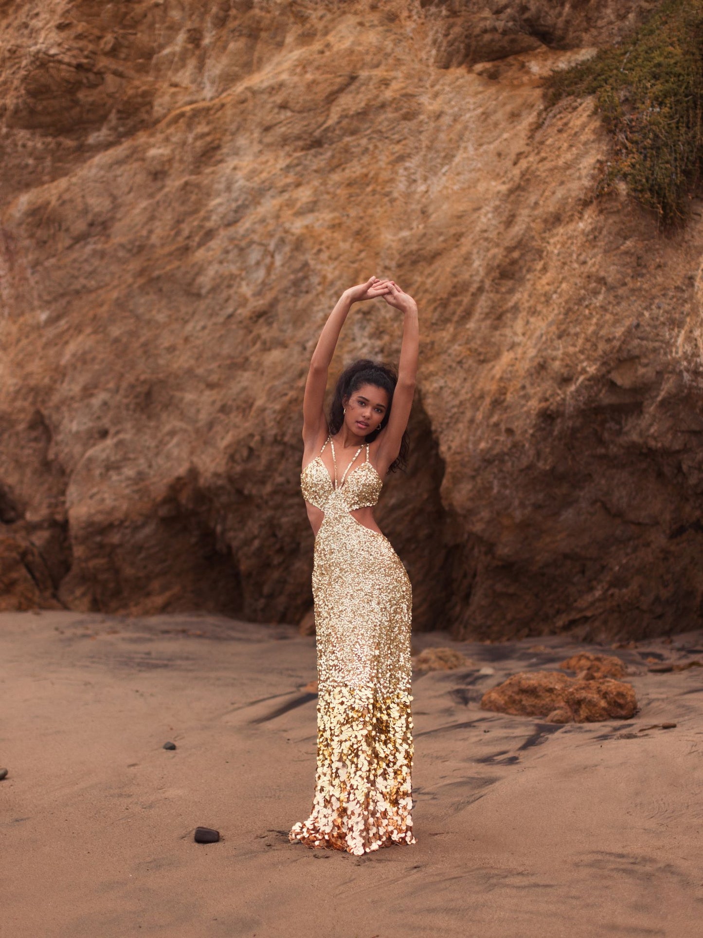 Thin Strap Cut Out Gown With Ombre Sequins