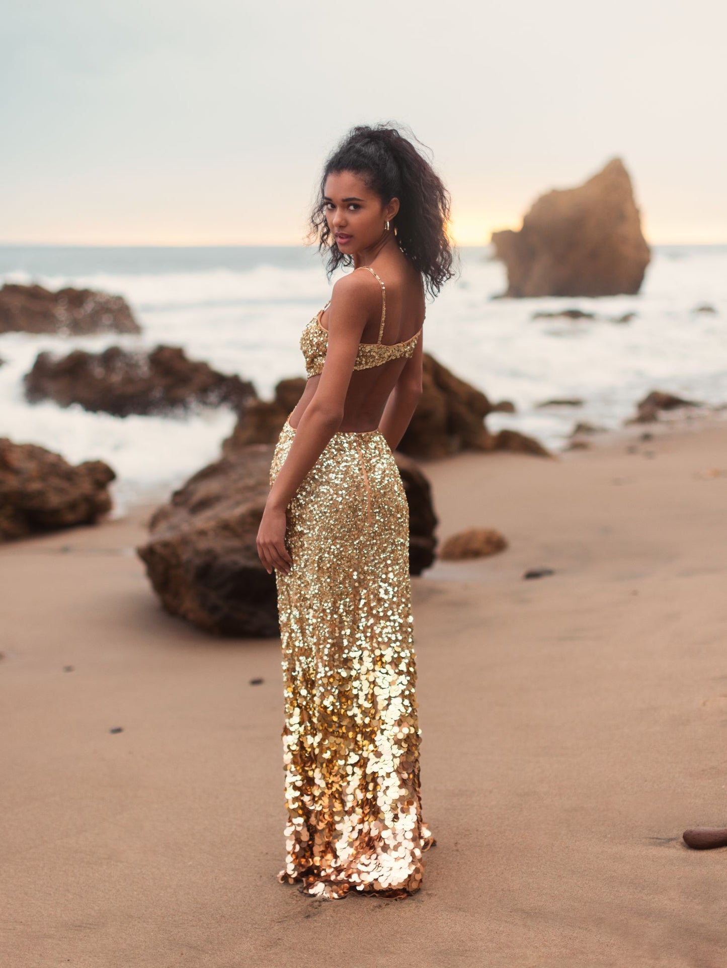 Thin Strap Cut Out Gown With Ombre Sequins