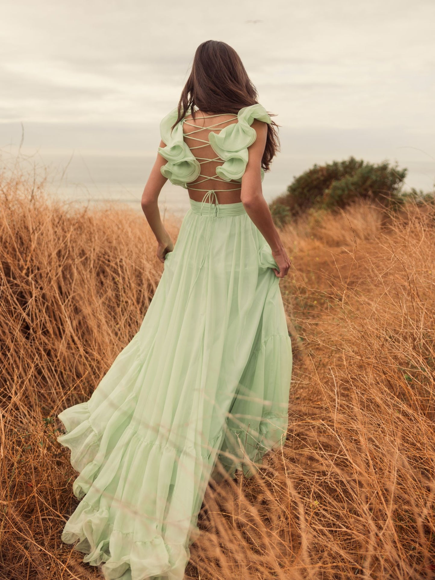 Ruffle Tiered Cut-Out Chiffon Gown