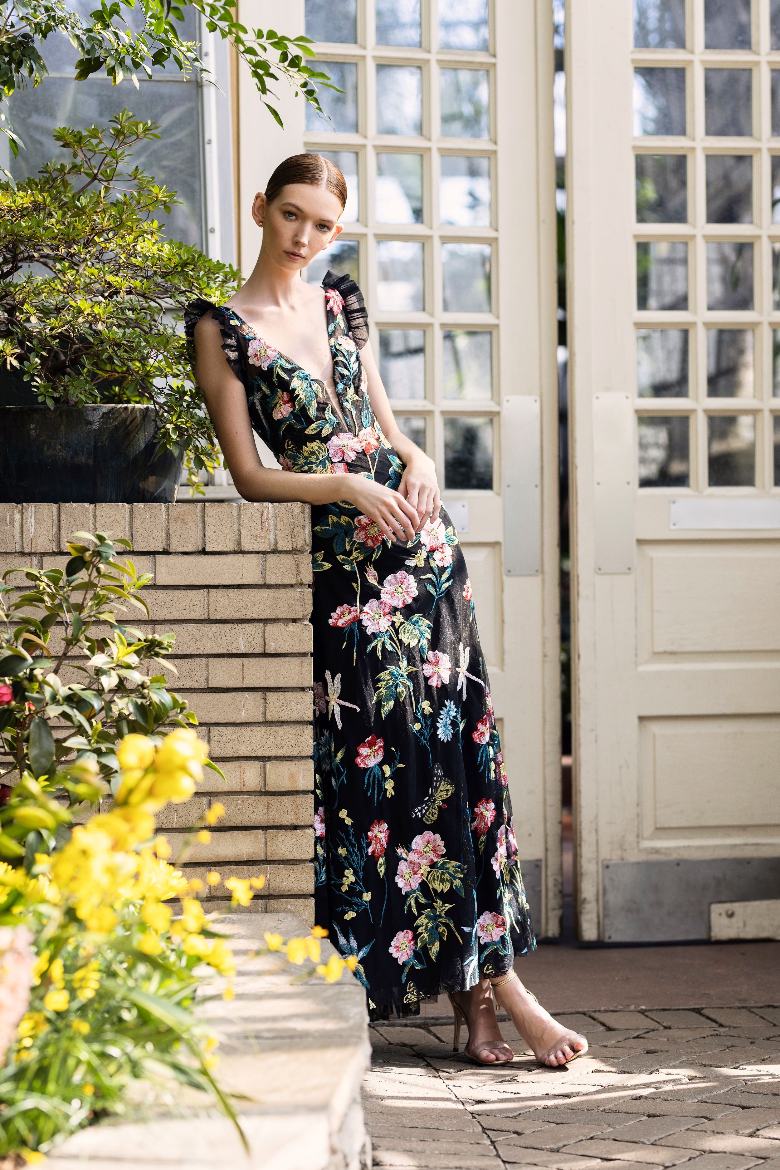 Embroidered Floral Plunge Neck Trumpet Gown