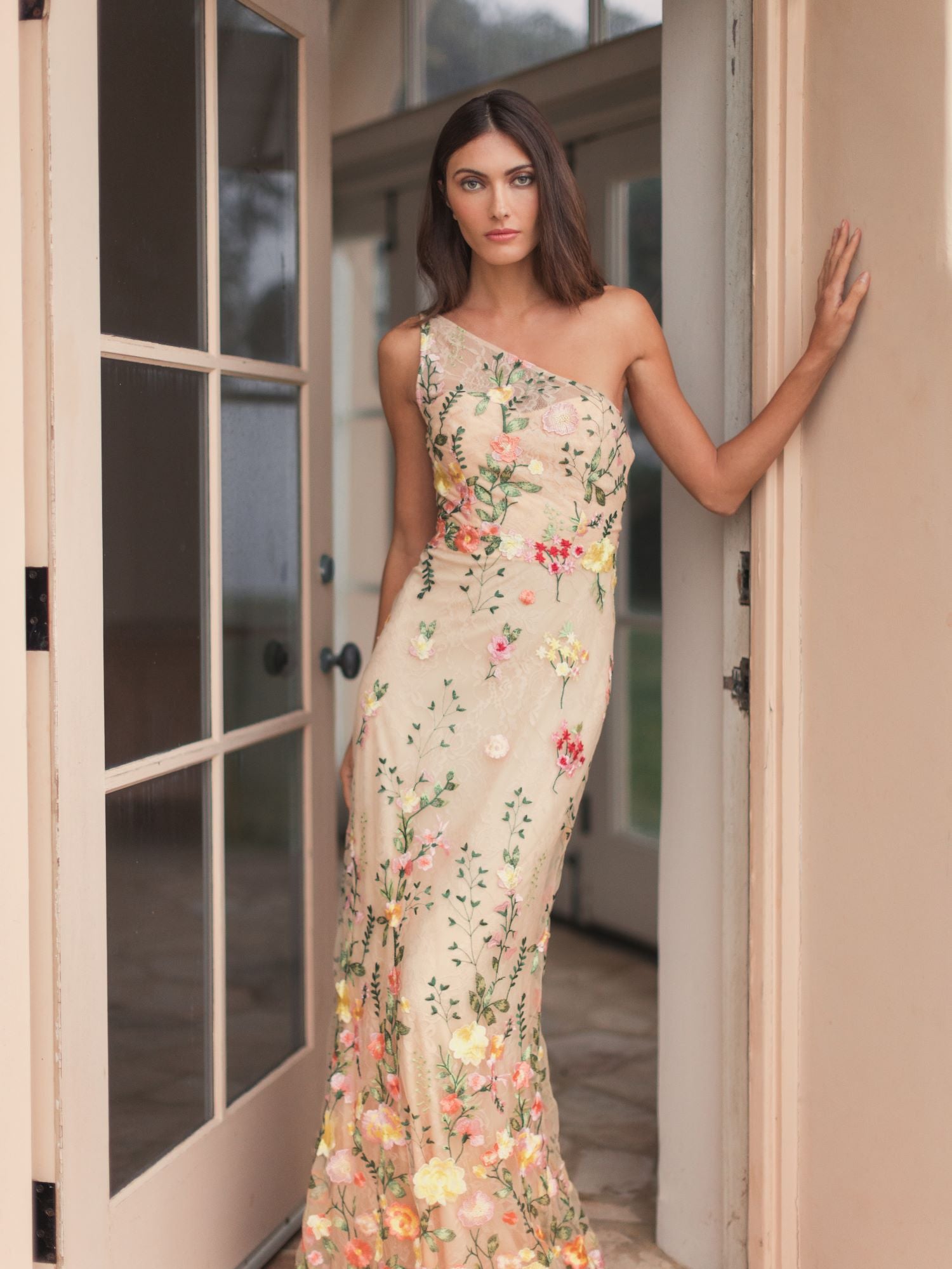 One Shoulder Lace Embroidered Gown