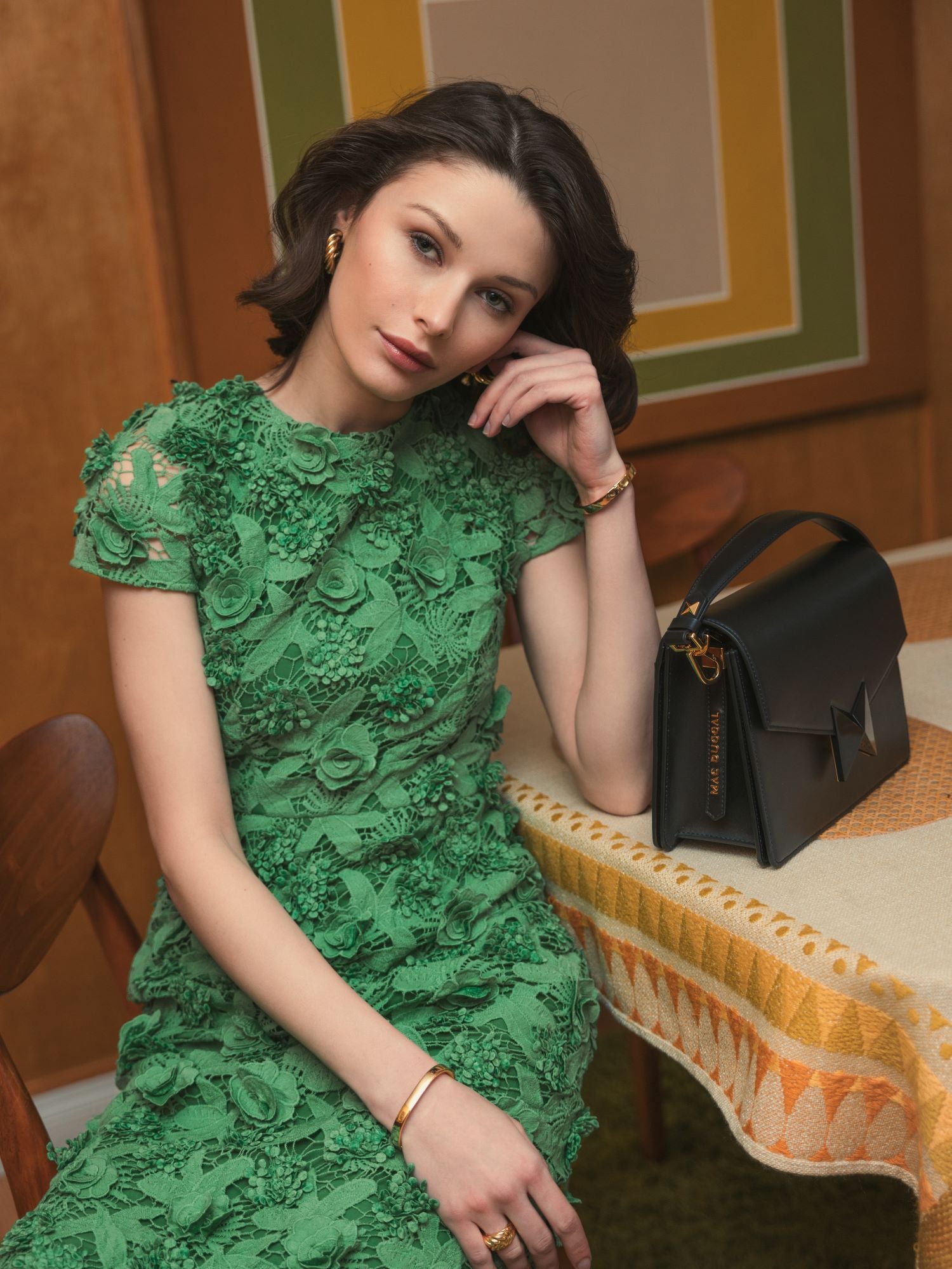 Spring Green Floral Lace Fitted Short Sleeve Midi Sheath Dress