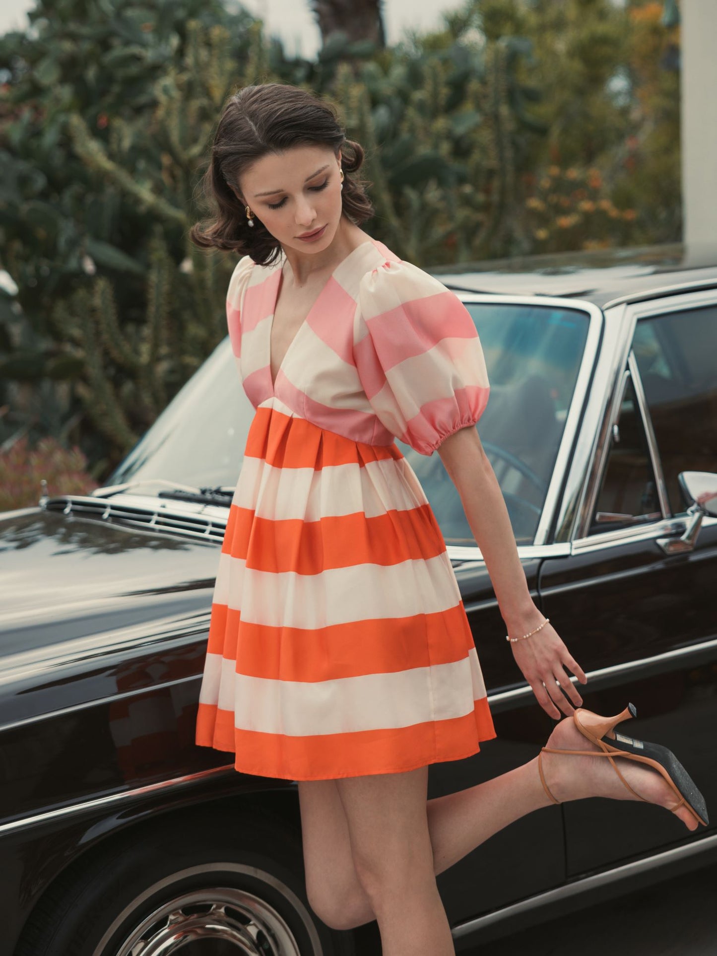 Organza Striped Balloon Sleeve Mini Dress