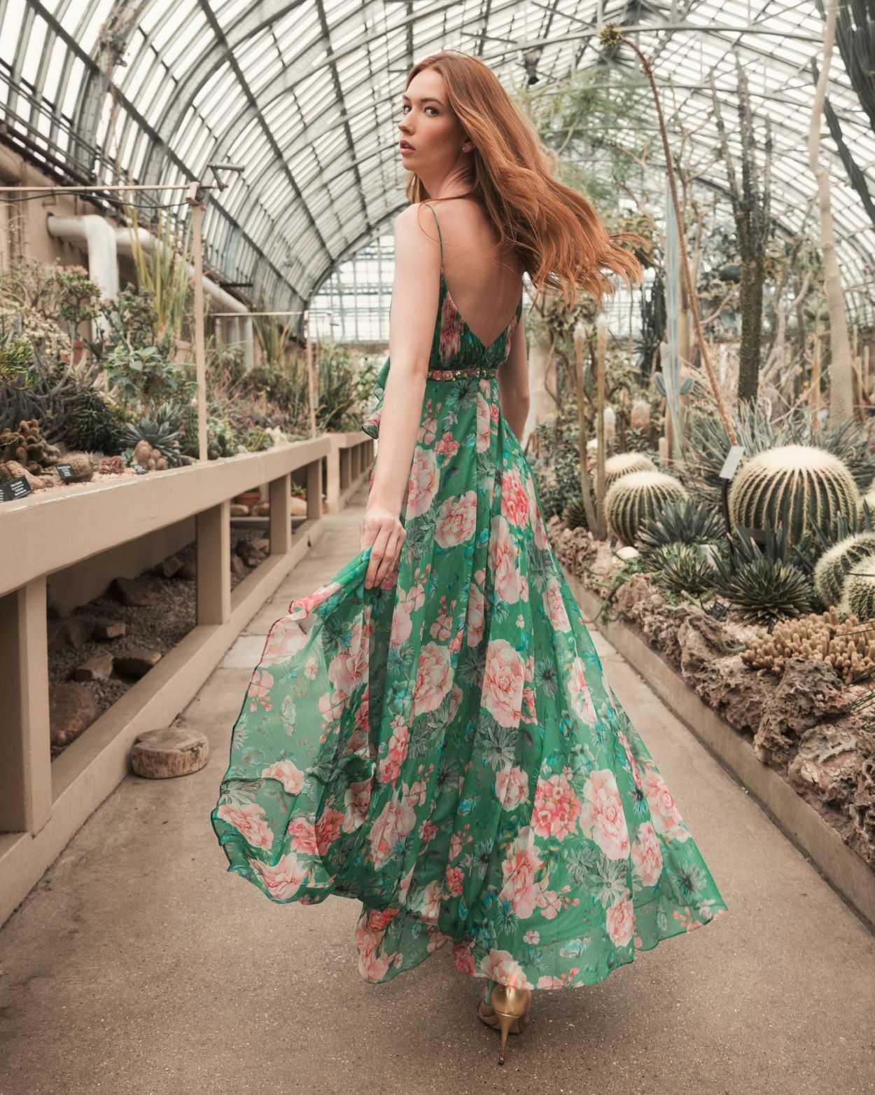 Floral Print Ruffled Wrap Over A Line Gown