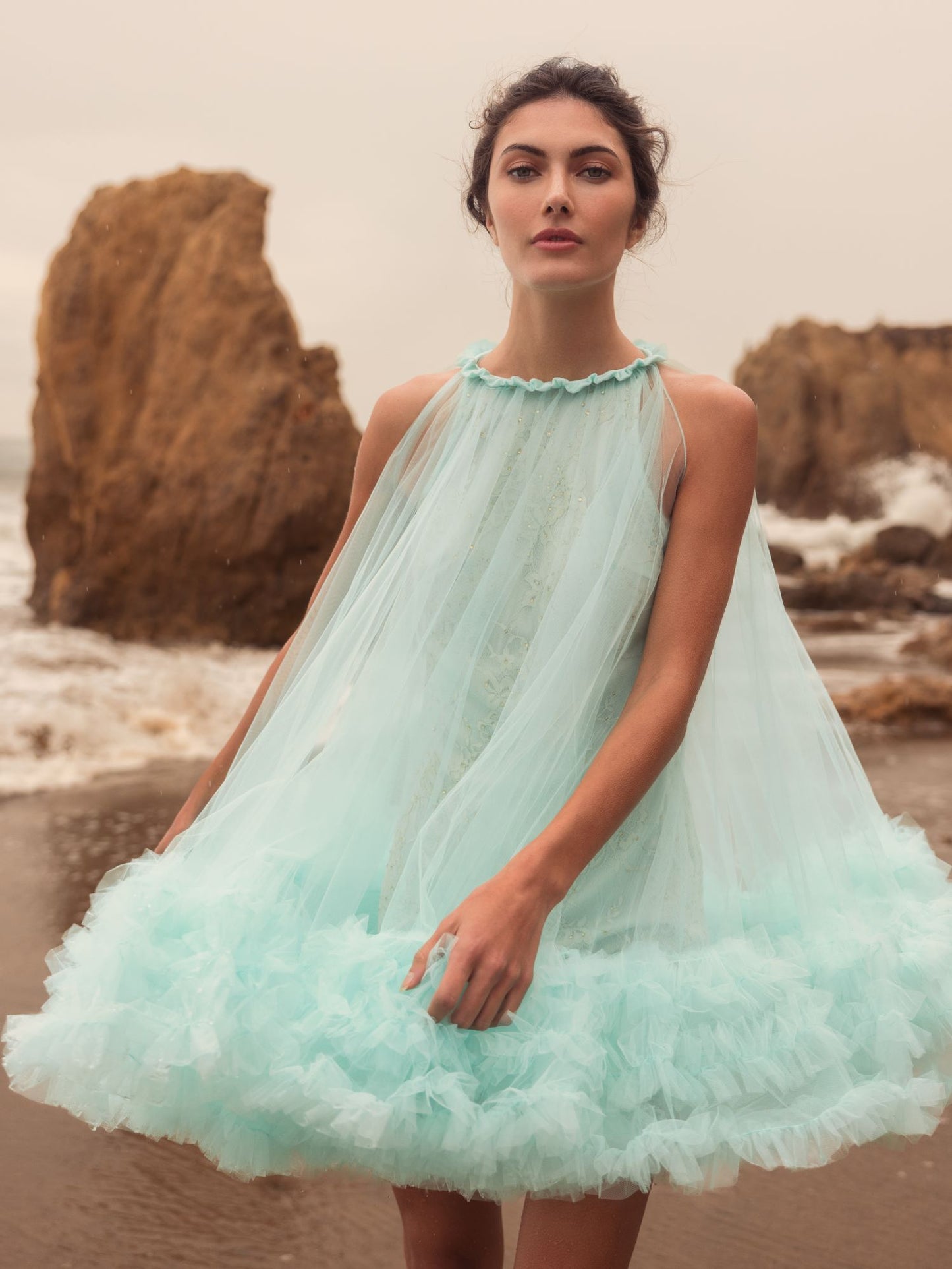 High Neck Gathered Tulle A-Line Swing Dress