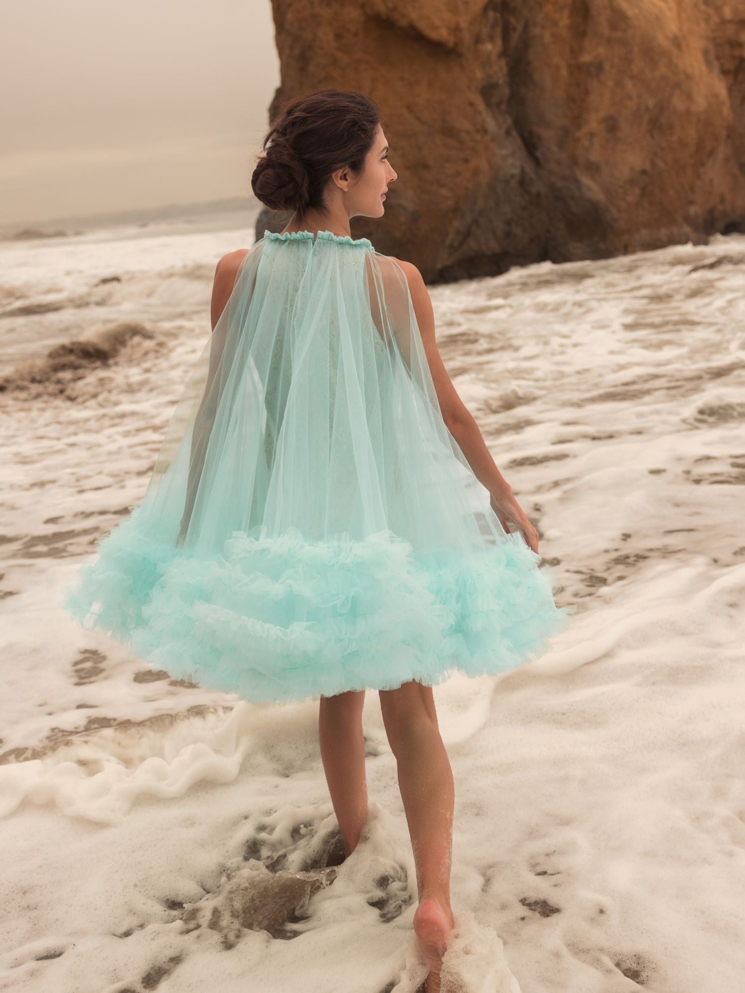 High Neck Gathered Tulle A-Line Swing Dress