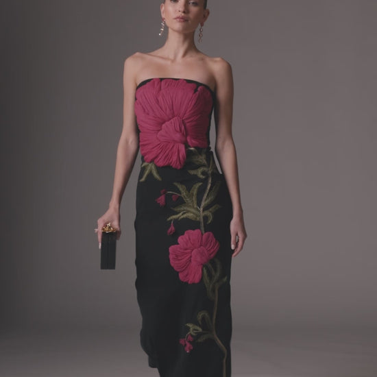 Black Strapless Floral Embroidered Midi Dress- Ieena for Mac Duggal