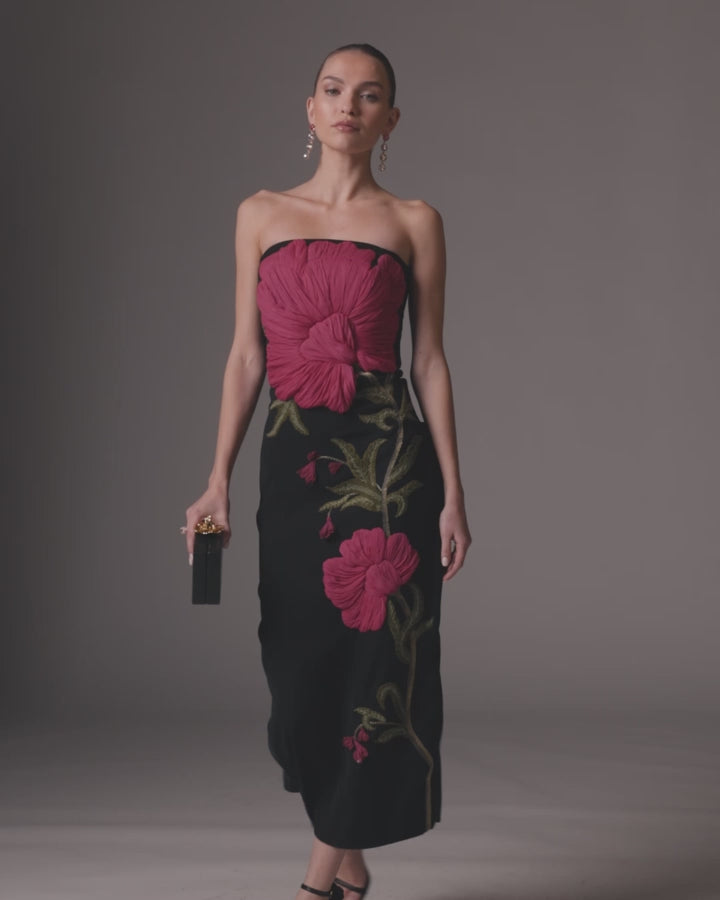 Black Strapless Floral Embroidered Midi Dress- Ieena for Mac Duggal