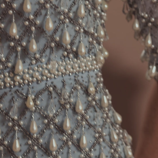 Blue Pearl Embellished 3/4 Sleeve Gown - Mac Duggal