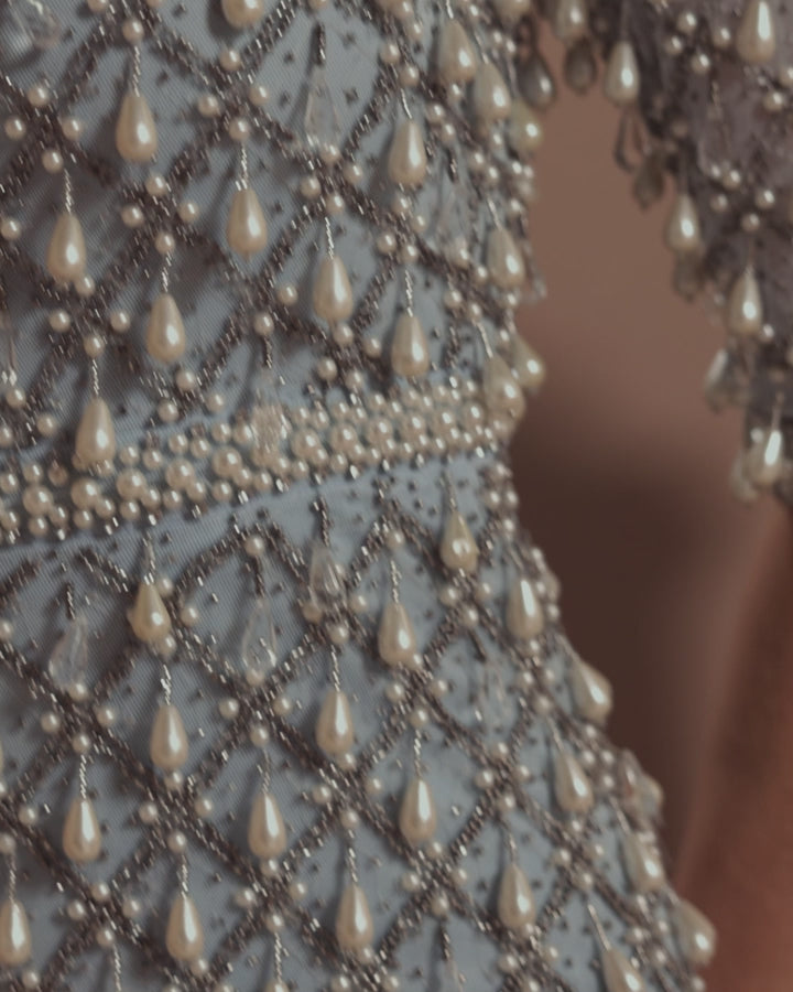 Blue Pearl Embellished 3/4 Sleeve Gown - Mac Duggal