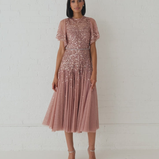 Pink Cape Sleeve Beaded Tea Length Drop Waist Dress - Mac Duggal