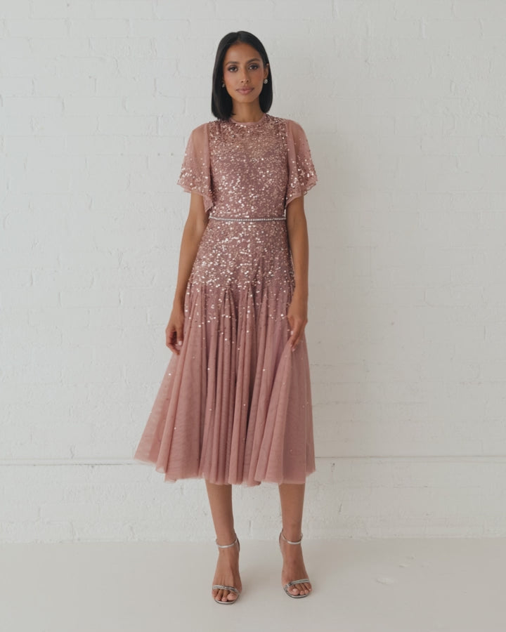 Pink Cape Sleeve Beaded Tea Length Drop Waist Dress - Mac Duggal