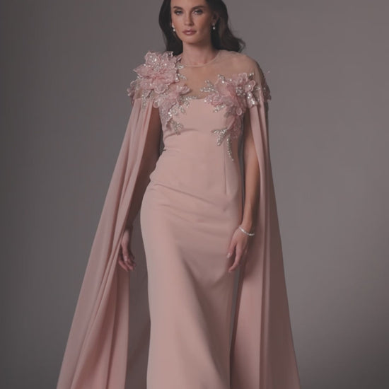 Pink Embellished Crepe Gown With Chiffon Cape - Mac Duggal
