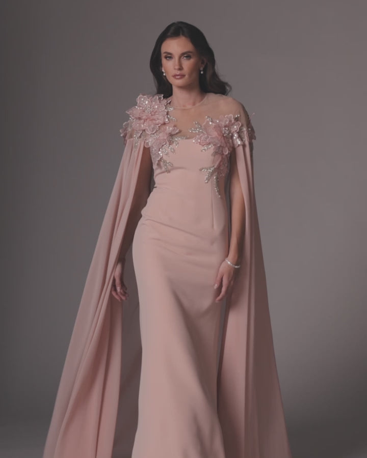 Pink Embellished Crepe Gown With Chiffon Cape - Mac Duggal