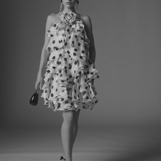 White Polka Dot Halter Neck Ruffle Mini Dress Ieena for Mac Duggal