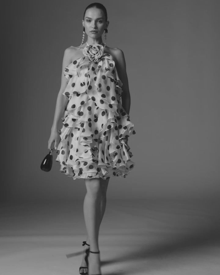 White Polka Dot Halter Neck Ruffle Mini Dress Ieena for Mac Duggal