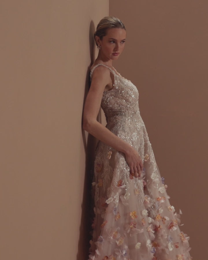 Pink Sleeveless Beaded Midi Dress With 3D Flowers Mac Duggal