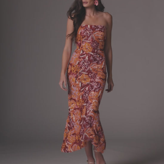 Pink and Orange Strapless Floral Sequin Midi Dress Ieena for Mac Duggal