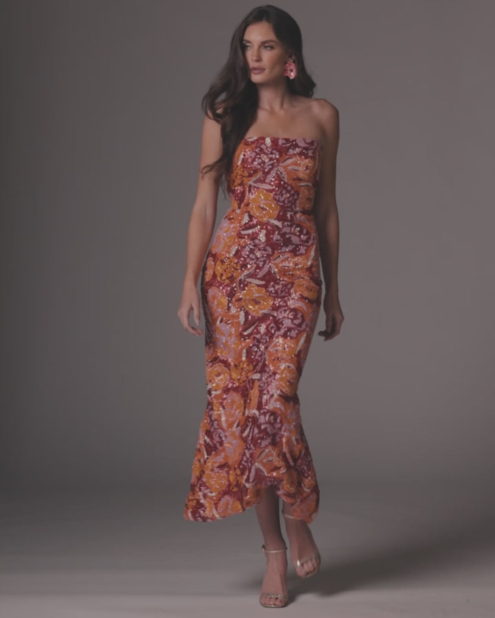 Pink and Orange Strapless Floral Sequin Midi Dress Ieena for Mac Duggal