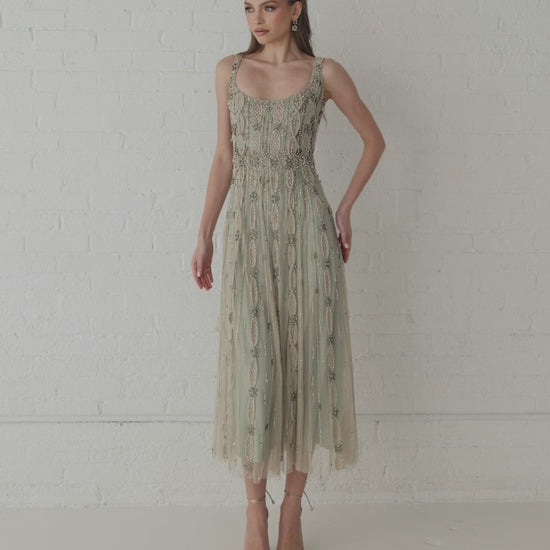 Green Embellished Mesh Sleeveless Scoop Neck Midi Dress - Mac Duggal