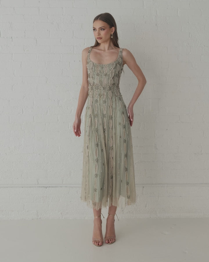 Green Embellished Mesh Sleeveless Scoop Neck Midi Dress - Mac Duggal