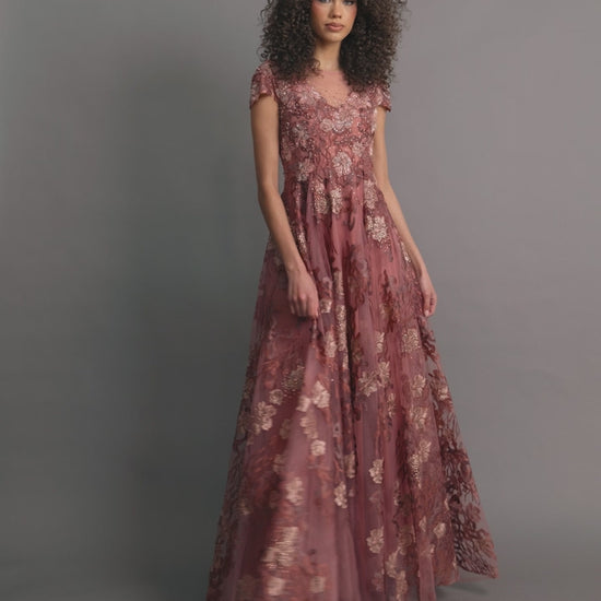Pink Floral Embroidered Cap Sleeve Evening Gown - Mac Duggal