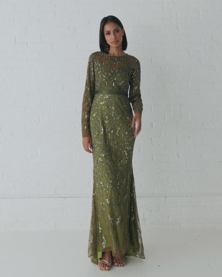 Green Long Sleeve Beaded Evening Gown