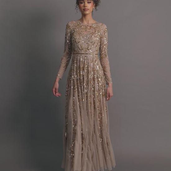 Beige Long Sleeve Hand Embellished Gown - Mac Duggal