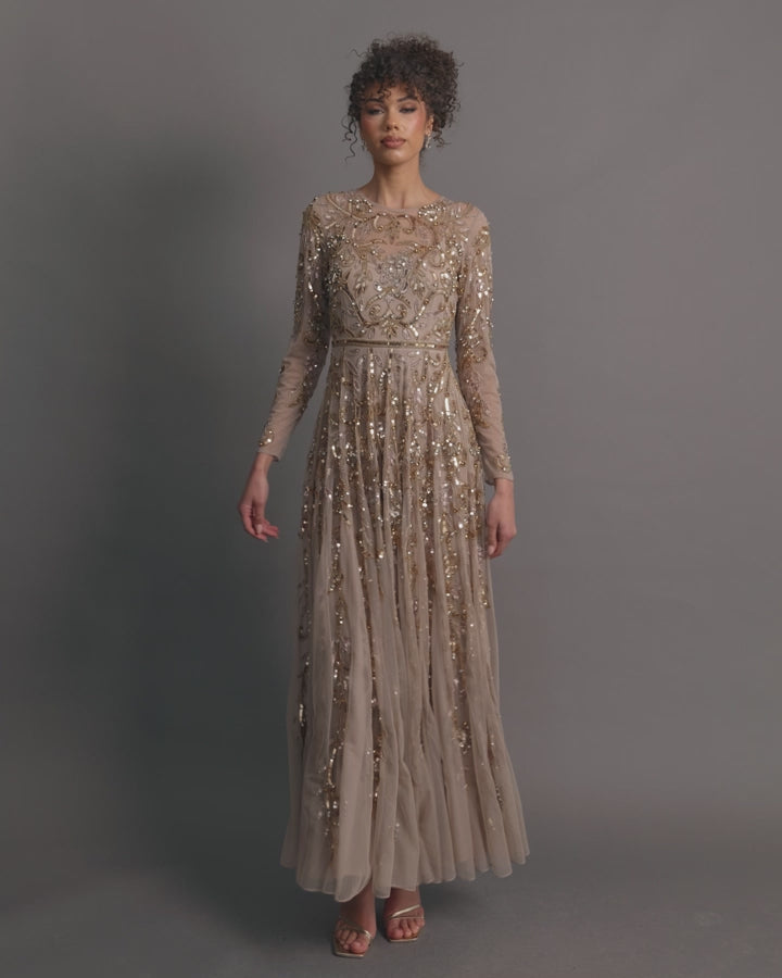 Beige Long Sleeve Hand Embellished Gown - Mac Duggal