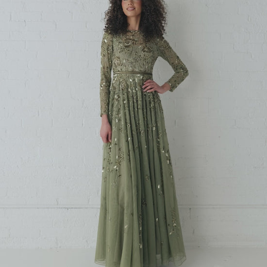 Green Long Sleeve Floral Embellished A-line Gown - Mac Duggal