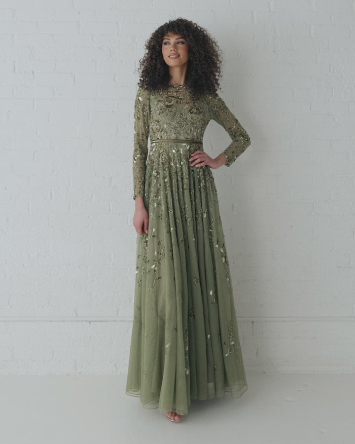 Green Long Sleeve Floral Embellished A-line Gown - Mac Duggal