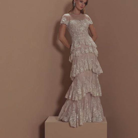 Light Pink Embellished High Neck Gown With Tiered Ruffle Skirt Mac Duggal