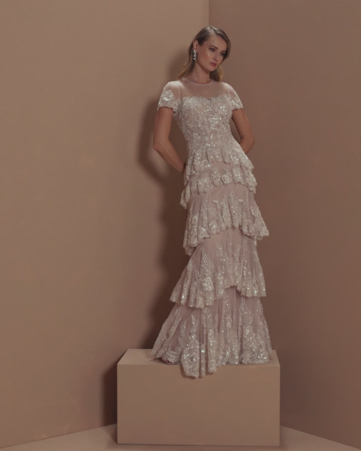 Light Pink Embellished High Neck Gown With Tiered Ruffle Skirt Mac Duggal